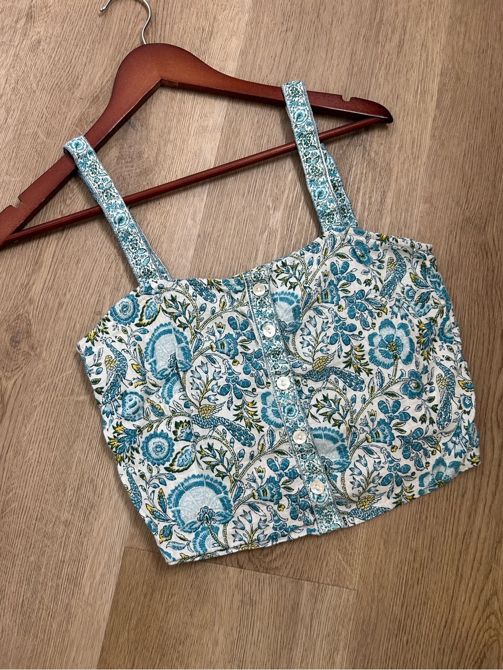 Rachel Zoe 100% Linen Blue Paisley Peacock Print Button Down Tank Top